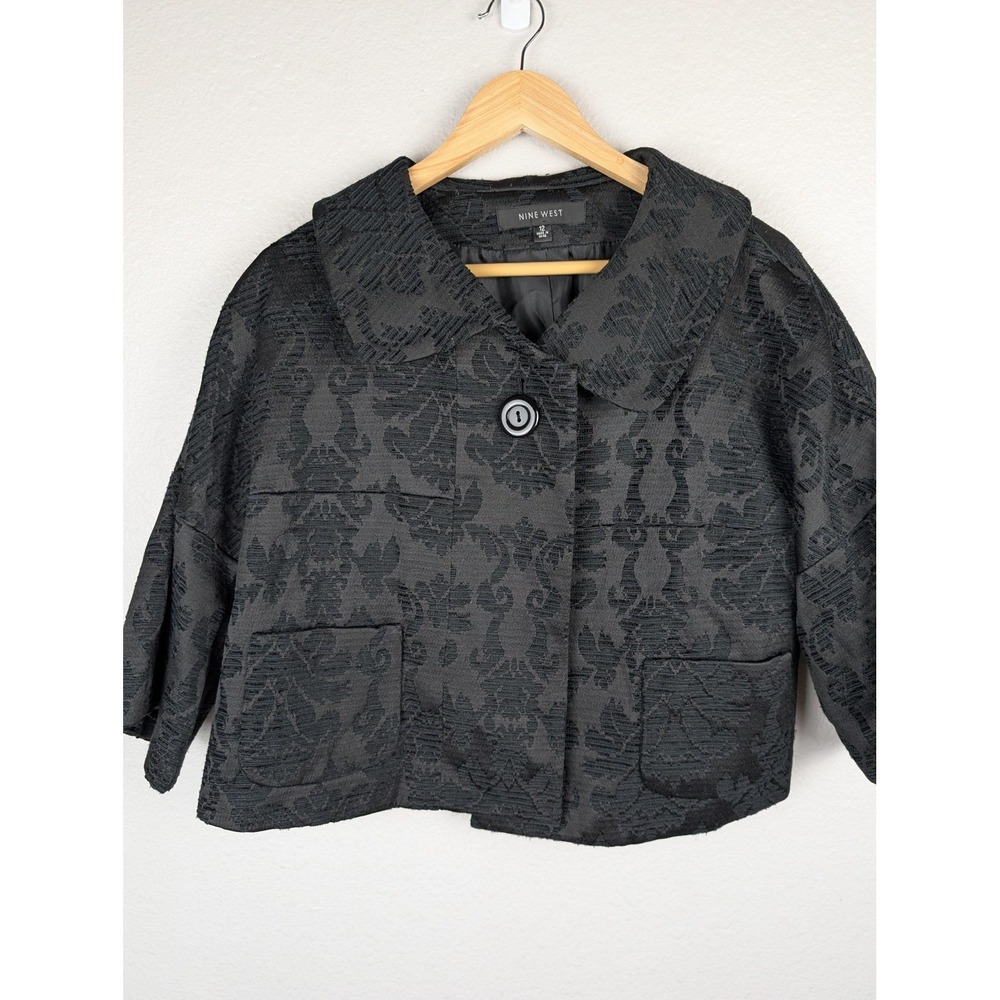 Nine West‎ Jacket Womens 12 Black Jacquard Cropped Swing 3/4 Sleeve Dressy